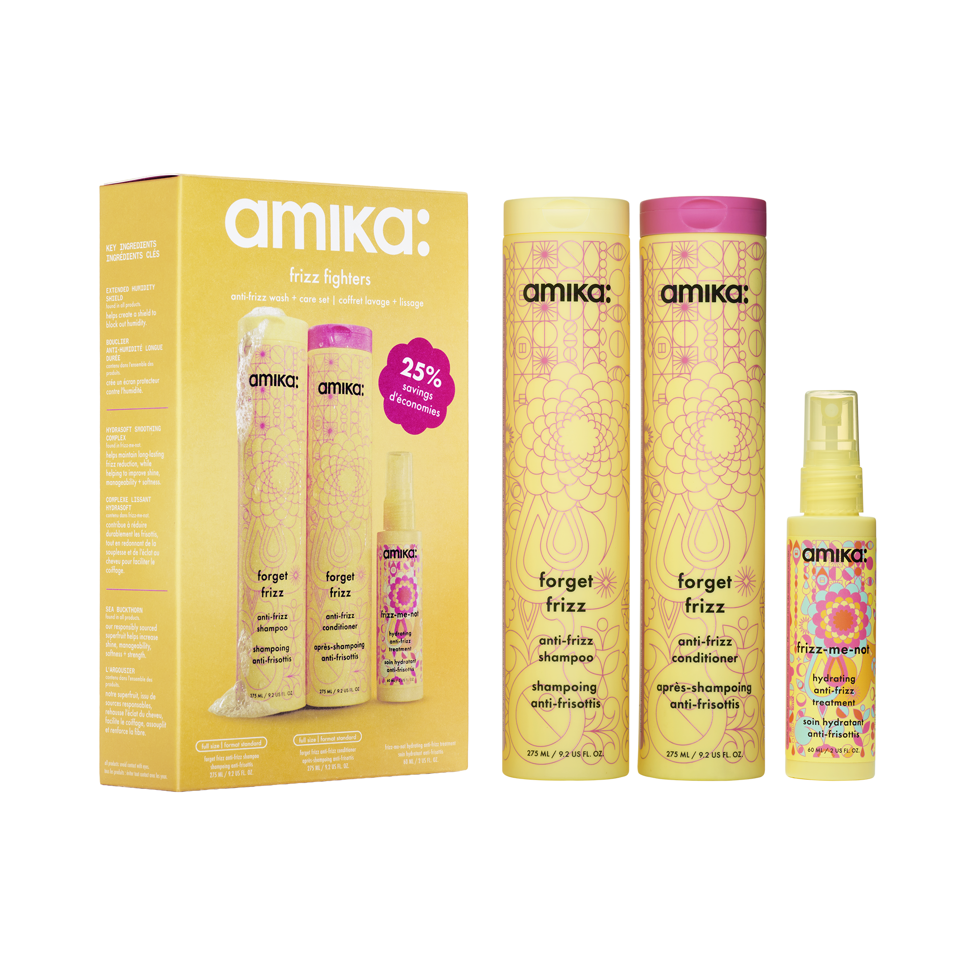 amika Forget Frizz anti-frizz trio set: shampoo, conditioner and Frizz-Me-Not treatment
